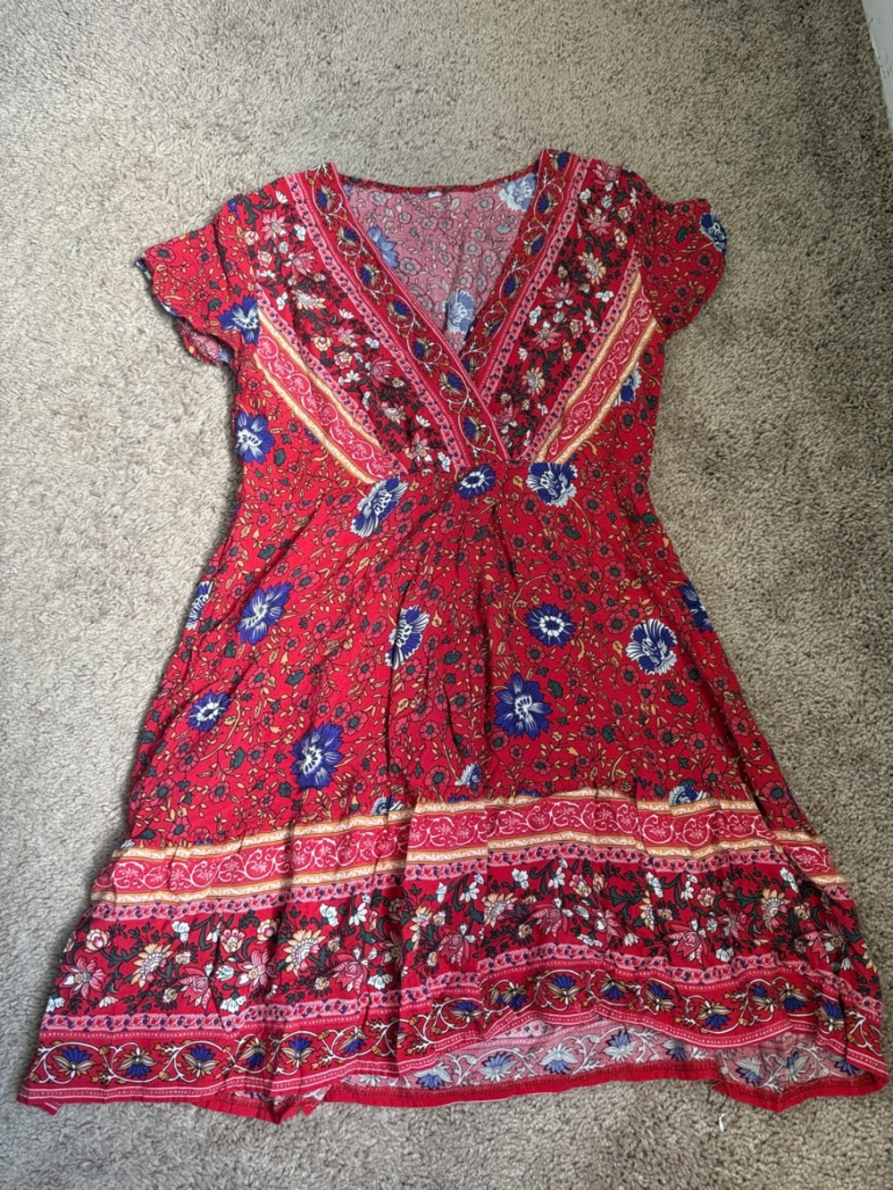 Women's Red Floral V-Neck Summer Dress